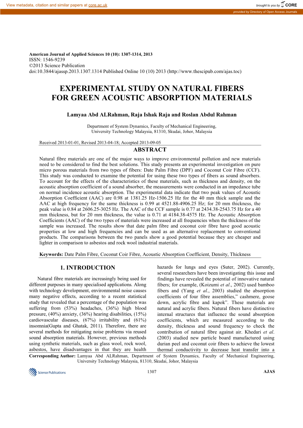 Experimental Study on Natural Fibers for Green Acoustic Absorption Materials