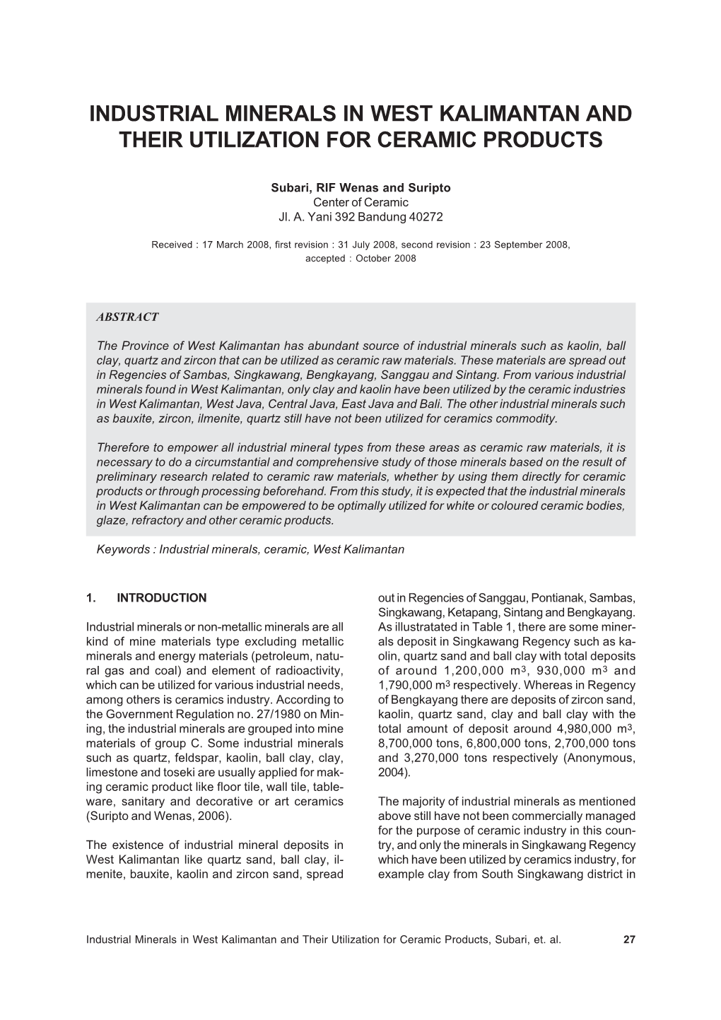 Industrial Minerals in West Kalimantan and Their Utilization for Ceramic Products