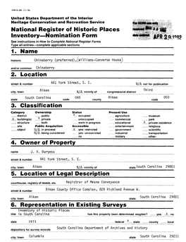 National Register of Historic Places Inventory Nomination Form 1. Name 2. Location 3. Classification 4. Owner of Property 5