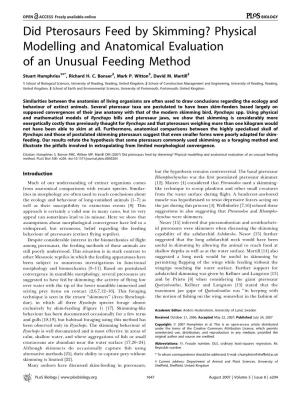 Did Pterosaurs Feed by Skimming? Physical Modelling and Anatomical Evaluation of an Unusual Feeding Method