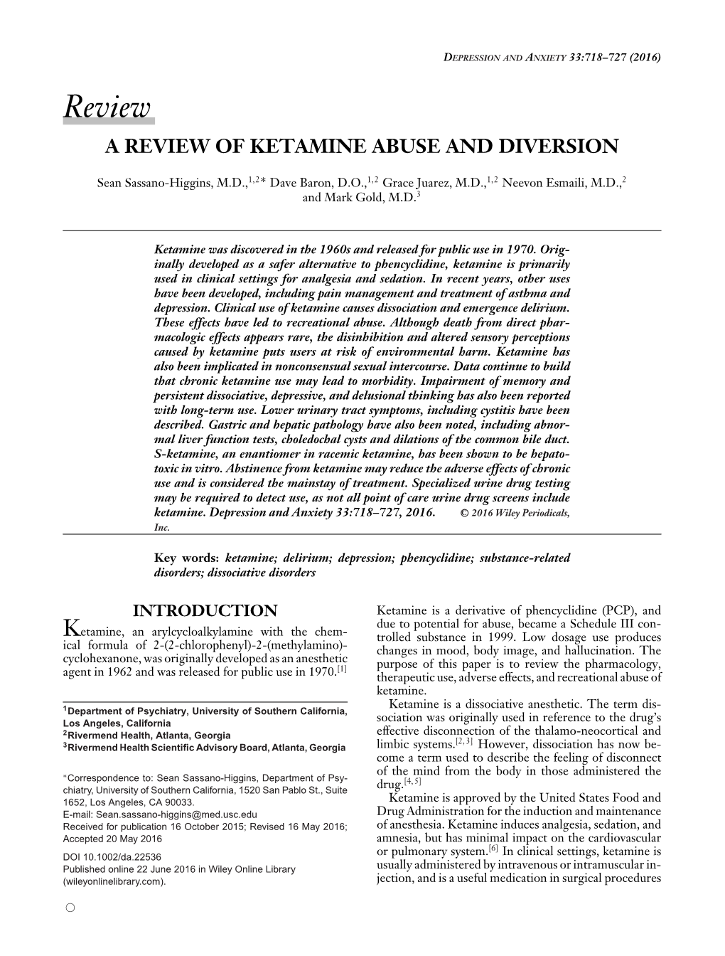 A Review of Ketamine Abuse and Diversion