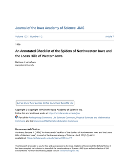 An Annotated Checklist of the Spiders of Northwestern Iowa and the Loess Hills of Western Iowa
