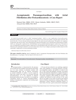 Asymptomatic Pneumopericardium with Atrial Fibrillation After Pericardiocentesis: a Case Report