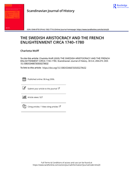 The Swedish Aristocracy and the French Enlightenment Circa 1740–1780