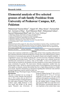 Elemental Analysis of Five Selected Grasses of Sub Family Pooideae from University of Peshawar Campus, KP, Pakistan