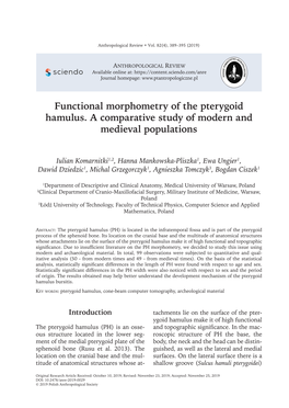 Functional Morphometry of the Pterygoid Hamulus. a Comparative Study of Modern and Medieval Populations