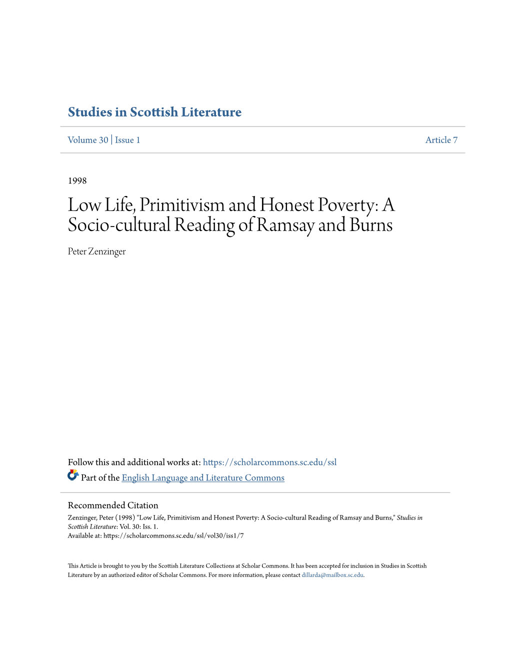 Low Life, Primitivism and Honest Poverty: a Socio-Cultural Reading of Ramsay and Burns Peter Zenzinger