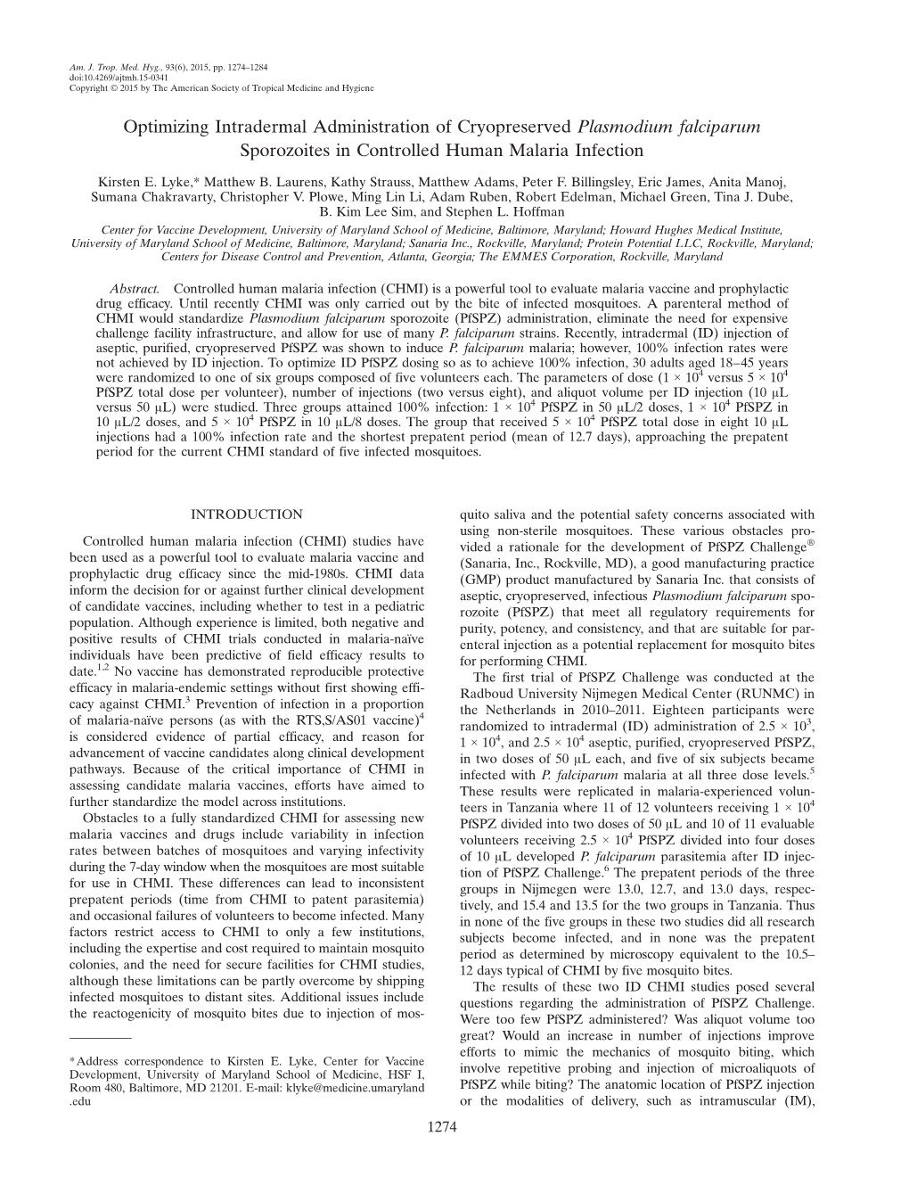 Optimizing Intradermal Administration of Cryopreserved Plasmodium Falciparum Sporozoites in Controlled Human Malaria Infection