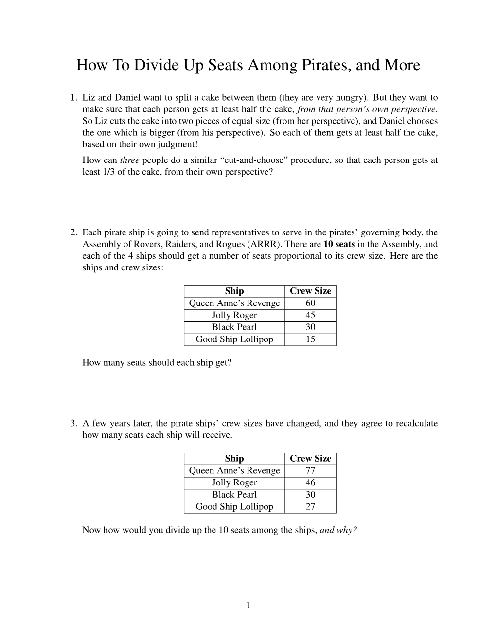 How to Divide up Seats Among Pirates, and More