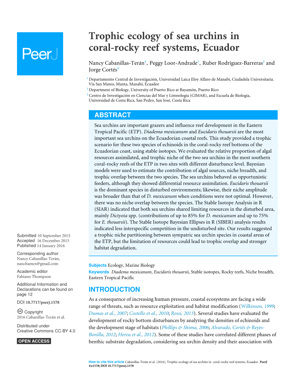 Trophic Ecology of Sea Urchins in Coral-Rocky Reef Systems, Ecuador