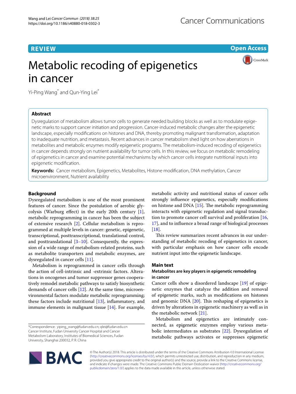 Metabolic Recoding of Epigenetics in Cancer Yi‑Ping Wang* and Qun‑Ying Lei*