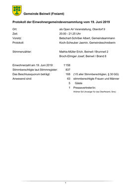 Gemeinde Beinwil (Freiamt) Protokoll Der