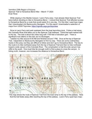 Vermilion Cliffs Region of Arizona Spencer Trail to Horseshoe Bend Hike – March 17 2020 Evan Rose