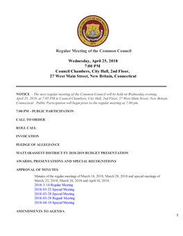 Regular Meeting of the Common Council Wednesday, April 25, 2018