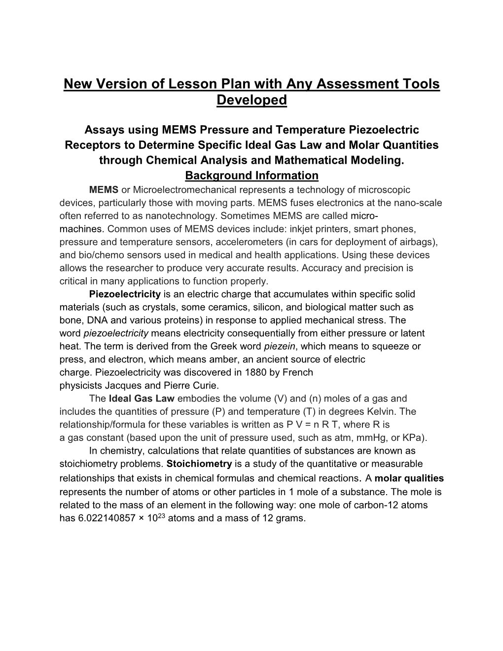 New Version of Lesson Plan with Any Assessment Tools Developed