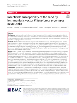 Insecticide Susceptibility of the Sand Fly Leishmaniasis Vector Phlebotomus Argentipes in Sri Lanka