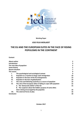 To Access the IED Working Paper “The EU and the European Elites In