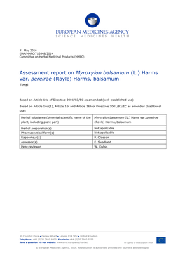 Assessment Report on Myroxylon Balsamum (L.) Harms Var. Pereirae (Royle) Harms, Balsamum Final