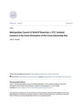 Metropolitan Council of NAACP Branches V. FCC: Isolated Instance Or De Facto Elimination of the Cross-Ownership Ban