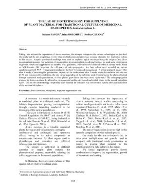 THE USE of BIOTECHNOLOGY for SUPPLYING of PLANT MATERIAL for TRADITIONAL CULTURE of MEDICINAL, RARE SPECIES Arnica Montana L