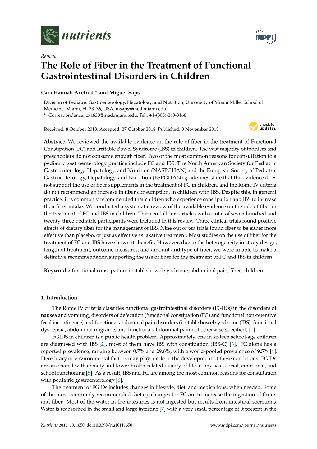 The Role of Fiber in the Treatment of Functional Gastrointestinal Disorders in Children