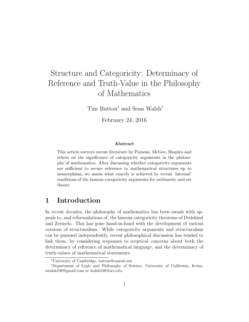 Structure and Categoricity: Determinacy of Reference and Truth-Value in the Philosophy of Mathematics