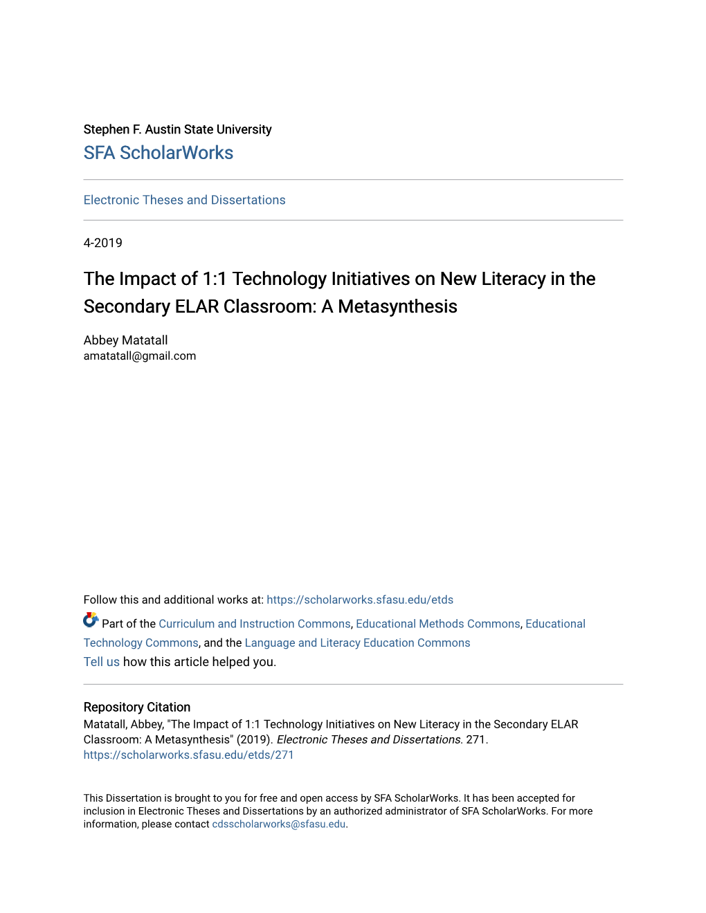 The Impact of 1:1 Technology Initiatives on New Literacy in the Secondary ELAR Classroom: a Metasynthesis