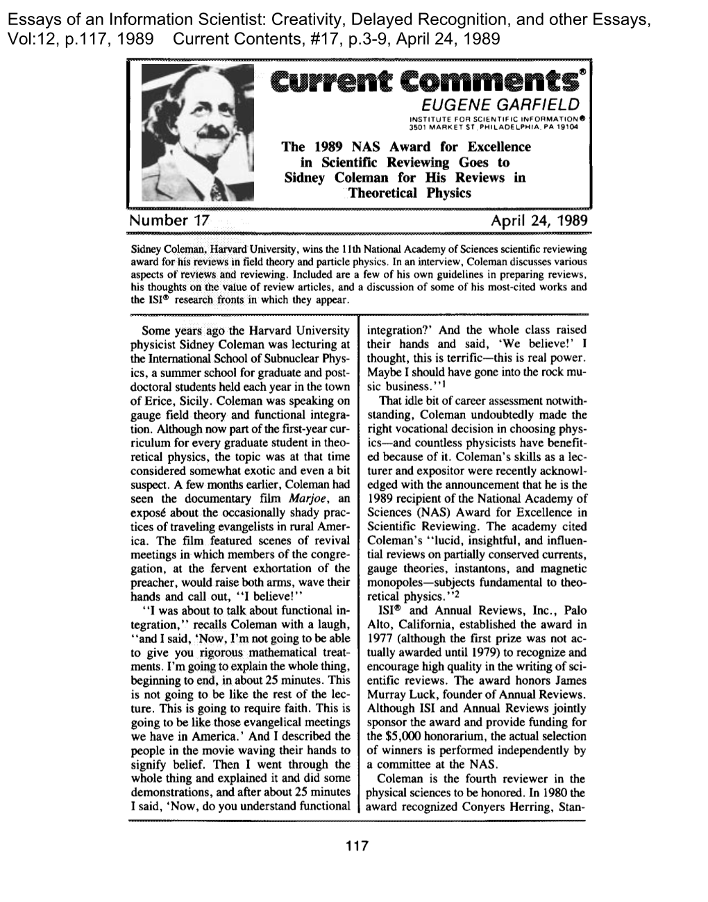 The 1989 NAS Award for Excellence in Scientific Reviewing Goes to Sidney Coleman for His Reviews in Theoretical Physics