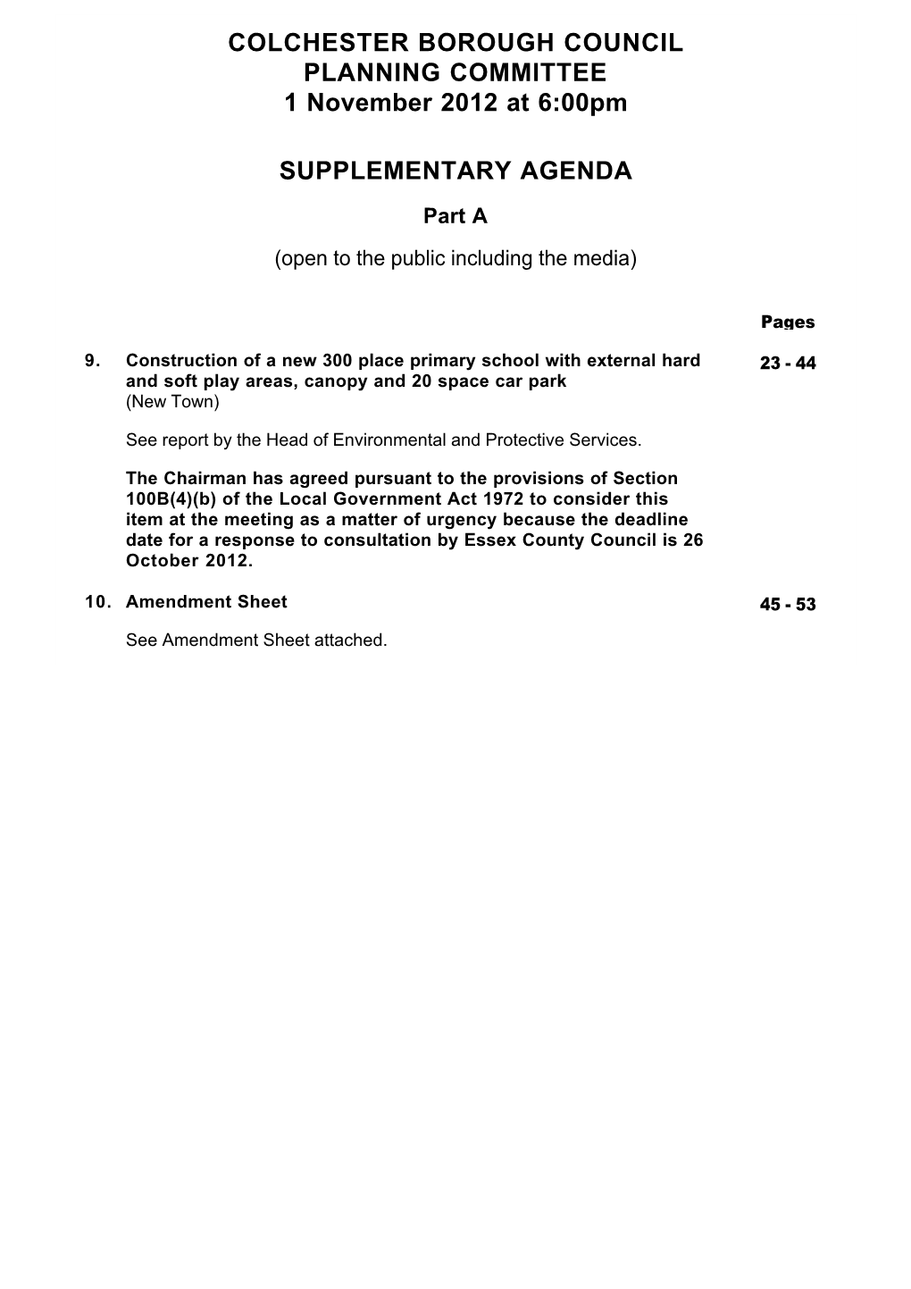 COLCHESTER BOROUGH COUNCIL PLANNING COMMITTEE 1 November 2012 at 6:00Pm