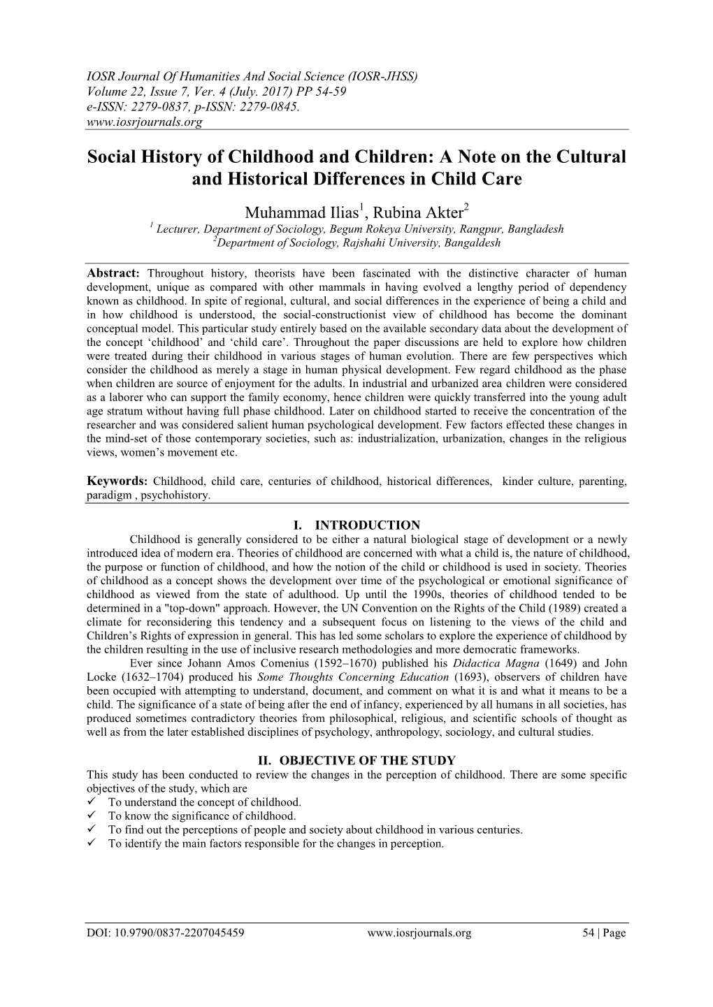 Social History of Childhood and Children: a Note on the Cultural and Historical Differences in Child Care