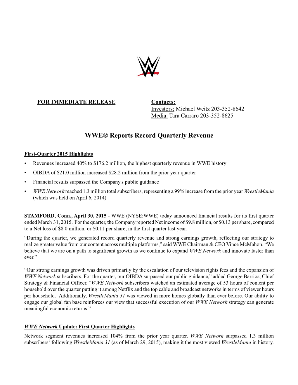 WWE® Reports Record Quarterly Revenue