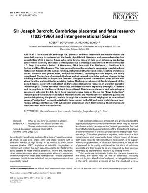 Sir Joseph Barcroft, Cambridge Placental and Fetal Research (1933-1966) and Inter-Generational Science