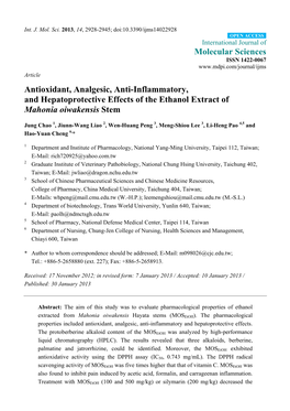 Antioxidant, Analgesic, Anti-Inflammatory, and Hepatoprotective Effects of the Ethanol Extract of Mahonia Oiwakensis Stem