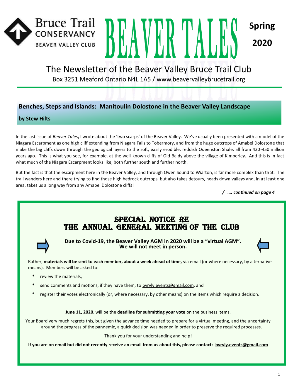The Newsletter of the Beaver Valley Bruce Trail Club Spring 2020