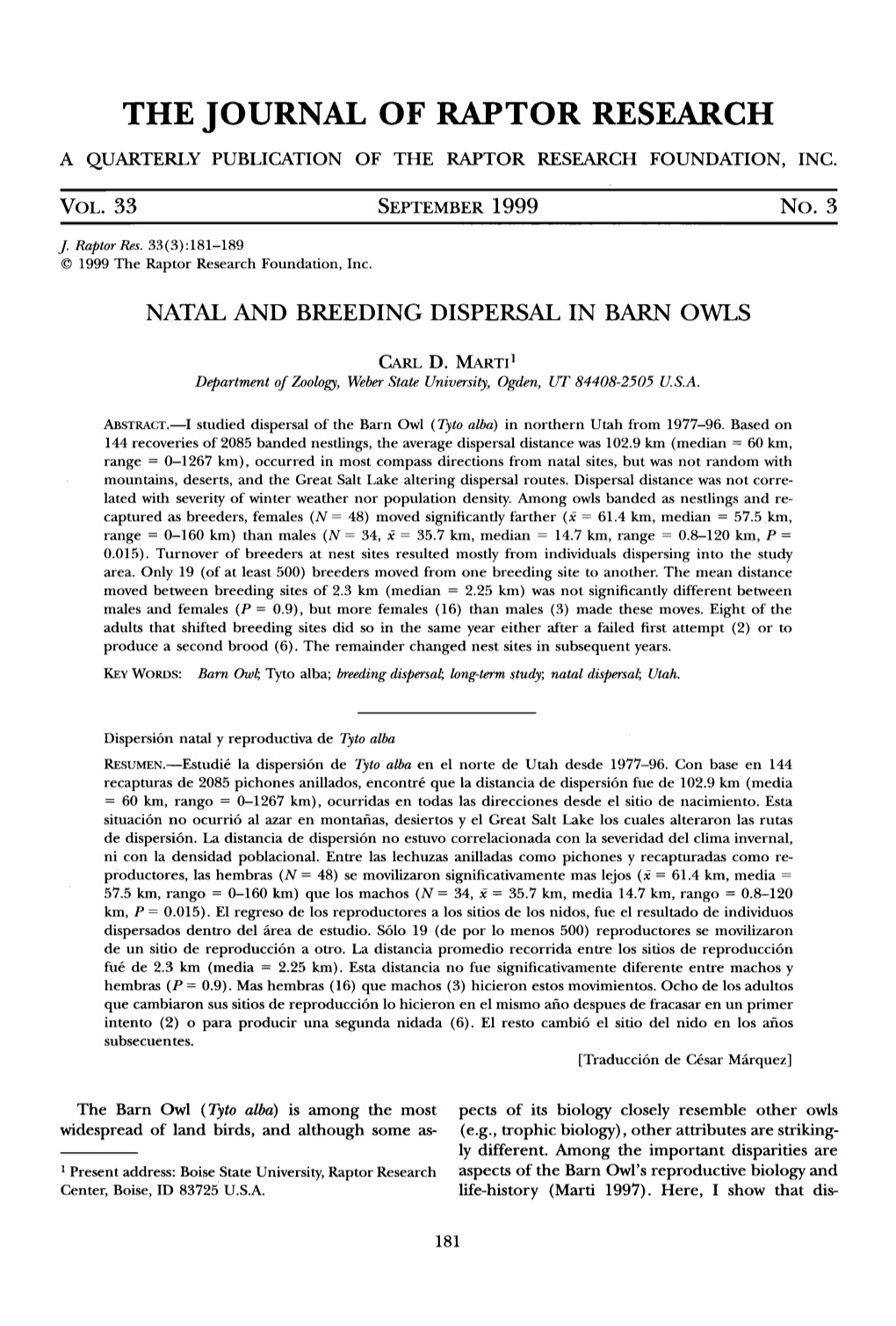 Natal and Breeding Dispersal in Barn Owls