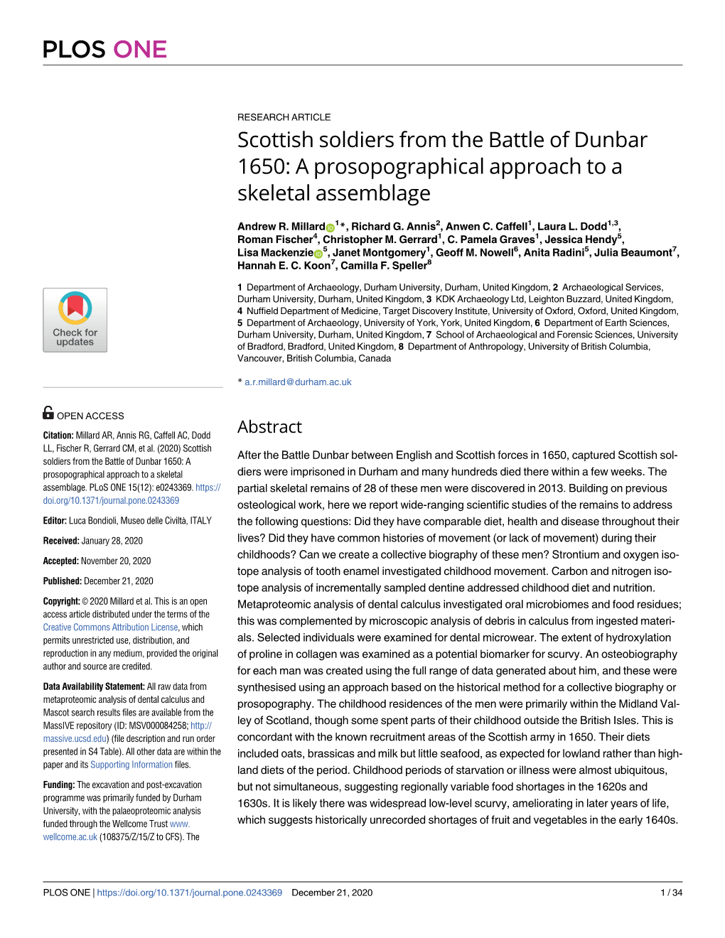 Scottish Soldiers from the Battle of Dunbar 1650: a Prosopographical Approach to a Skeletal Assemblage