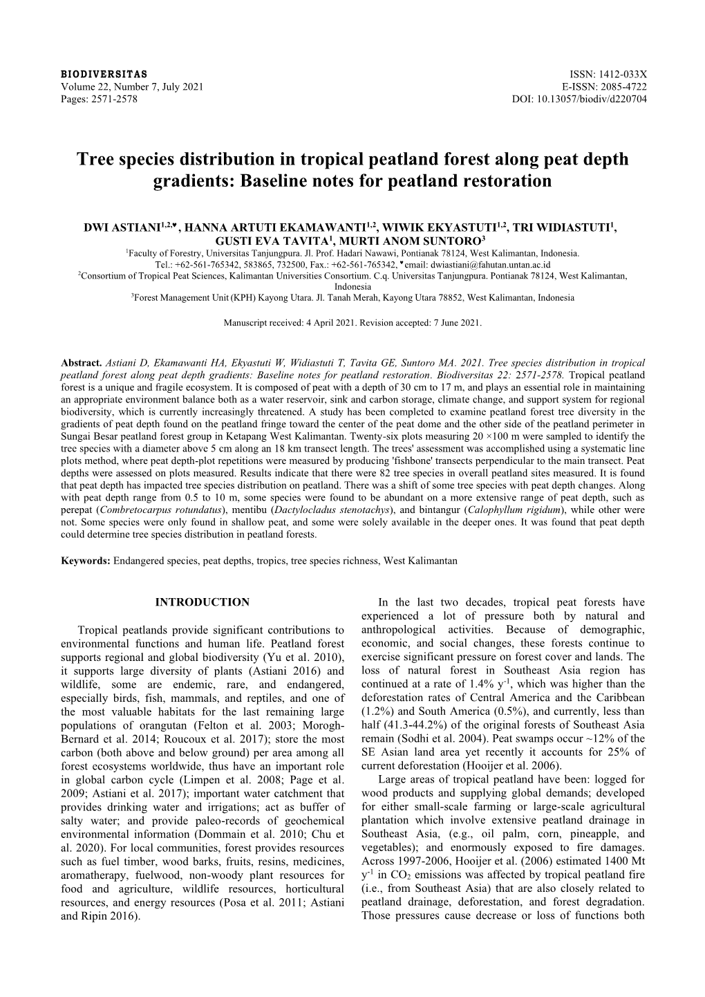 Tree Species Distribution in Tropical Peatland Forest Along Peat Depth Gradients: Baseline Notes for Peatland Restoration