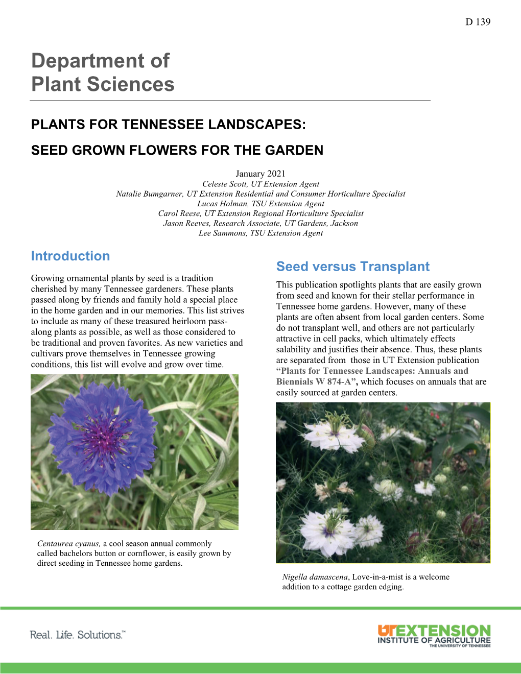 Plants for Tennessee Landscapes: Seed Grown Flowers for the Garden