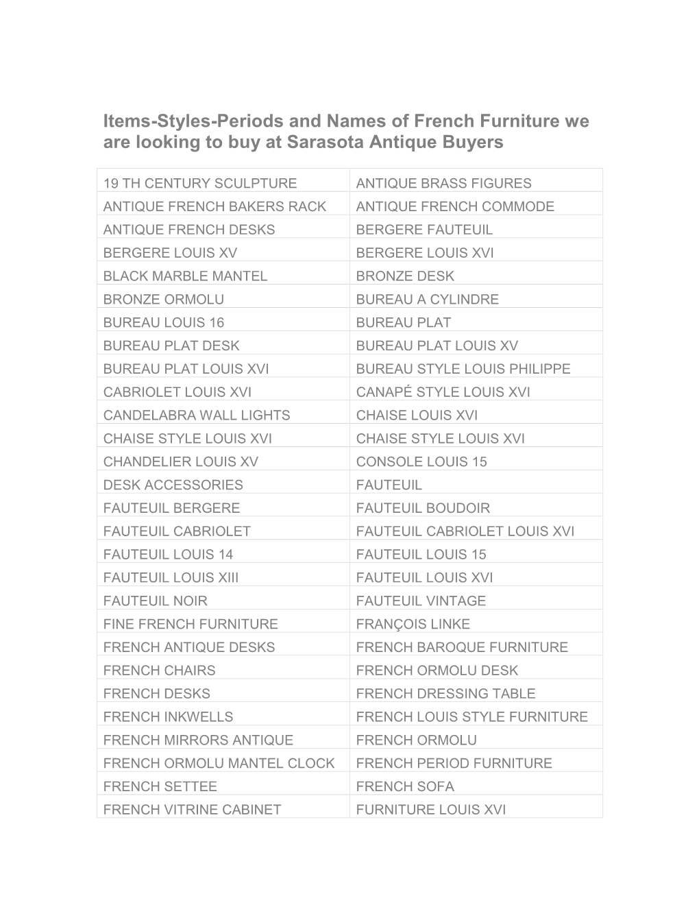 Items-Styles-Periods and Names of French Furniture We Are Looking to Buy at Sarasota Antique Buyers