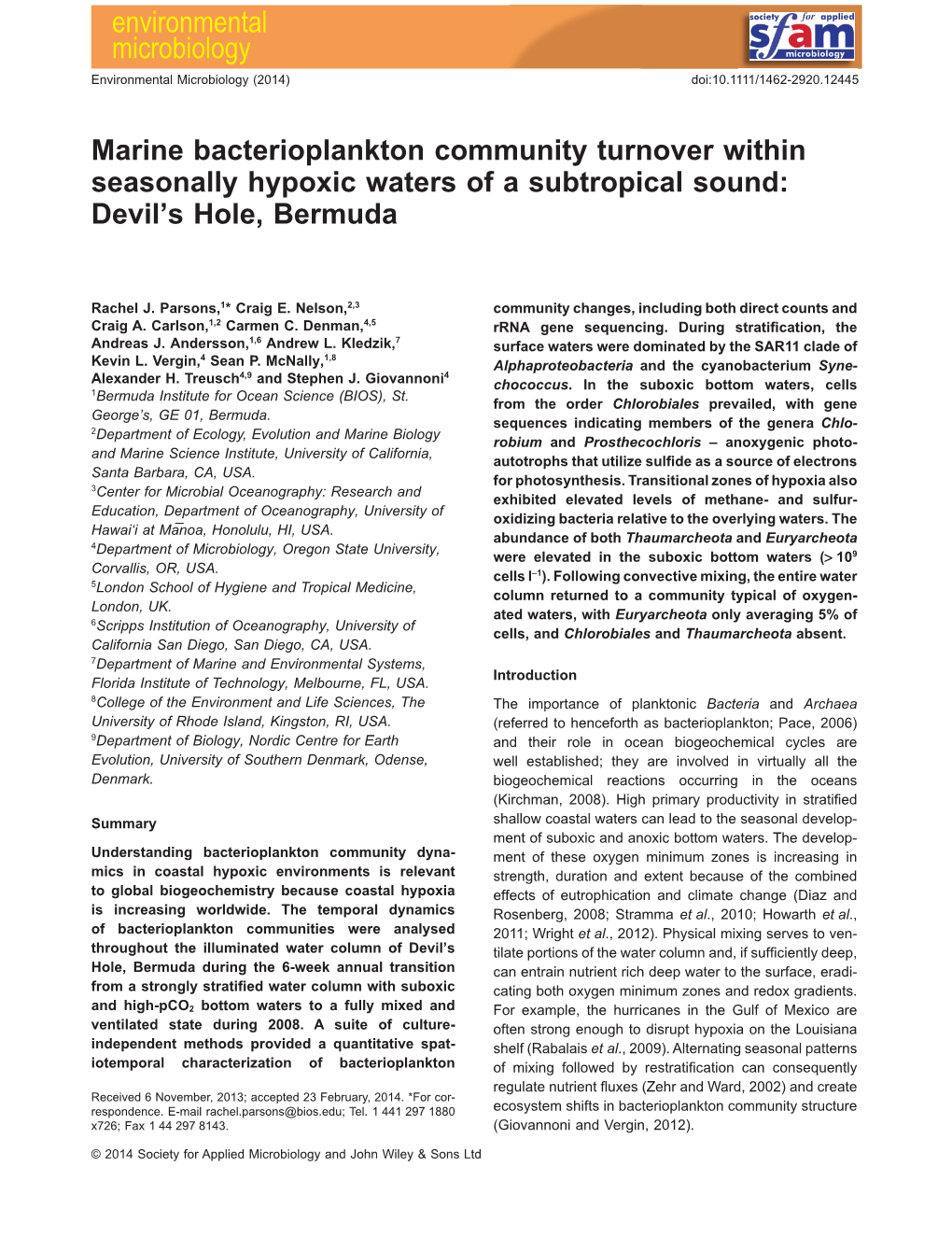 Marine Bacterioplankton Community Turnover Within Seasonally Hypoxic Waters of a Subtropical Sound: Devil’S Hole, Bermuda