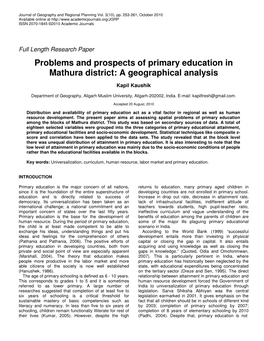 Problems and Prospects of Primary Education in Mathura District: a Geographical Analysis