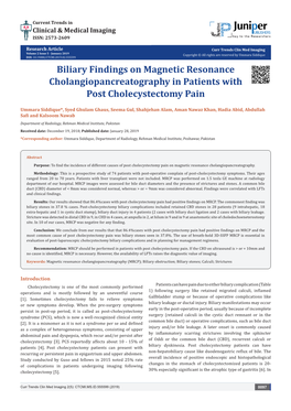 Biliary Findings on Magnetic Resonance Cholangiopancreatography in Patients with Post Cholecystectomy Pain