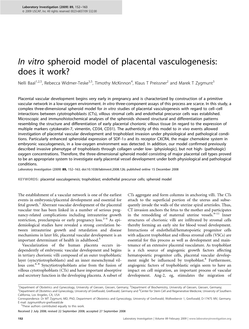 In Vitro Spheroid Model of Placental Vasculogenesis