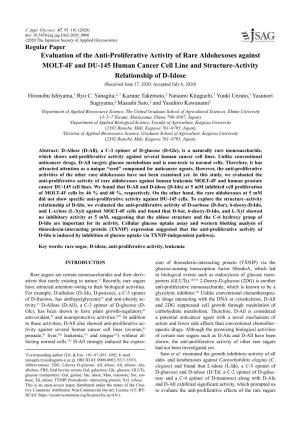 Evaluation of the Anti-Proliferative Activity of Rare Aldohexoses Against MOLT-4F and DU-145 Human Cancer Cell Line and Structure-Activity Relationship of D-Idose