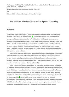 The Halakhic Ritual of Giyyur and Its Symbolic Meaning’, Journal of Ritual Studies, 9, 1, 1995