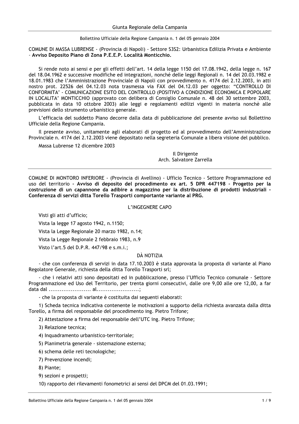 (Provincia Di Napoli) - Settore S3S2: Urbanistica Edilizia Privata E Ambiente - Avviso Deposito Piano Di Zona P.E.E.P