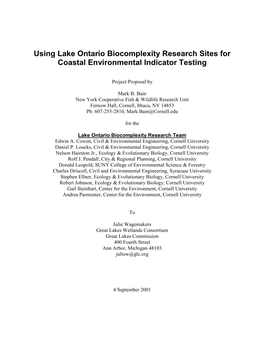 Using Lake Ontario Biocomplexity Research Sites for Coastal Environmental Indicator Testing
