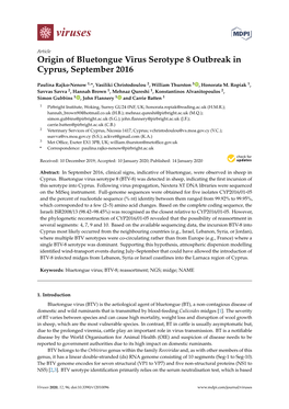 Origin of Bluetongue Virus Serotype 8 Outbreak in Cyprus, September 2016
