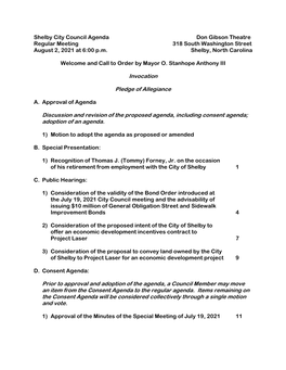 Shelby City Council Agenda Don Gibson Theatre Regular Meeting 318 South Washington Street August 2, 2021 at 6:00 P.M. Shelby, North Carolina