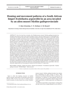 Homing and Movement Patterns of a South African Limpet Scutellastra Argenvillei in an Area Invaded by an Alien Mussel Mytilus Galloprovincialis